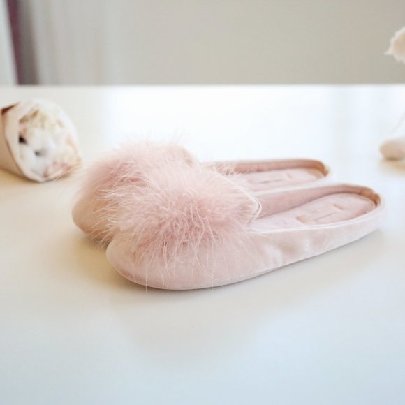 Feather Puff Velvety Loafer House Slipper, Pink - Picture 3 of 4